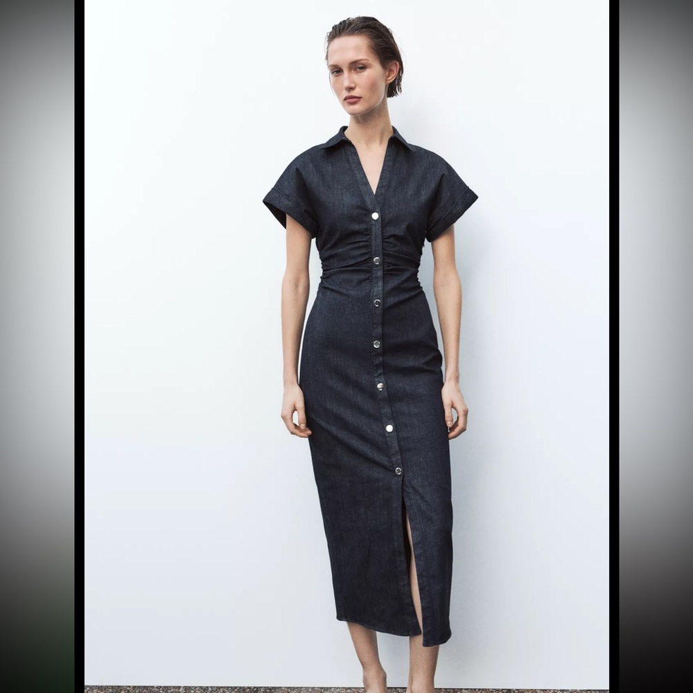 Zara Black Button-Front Midi Dress